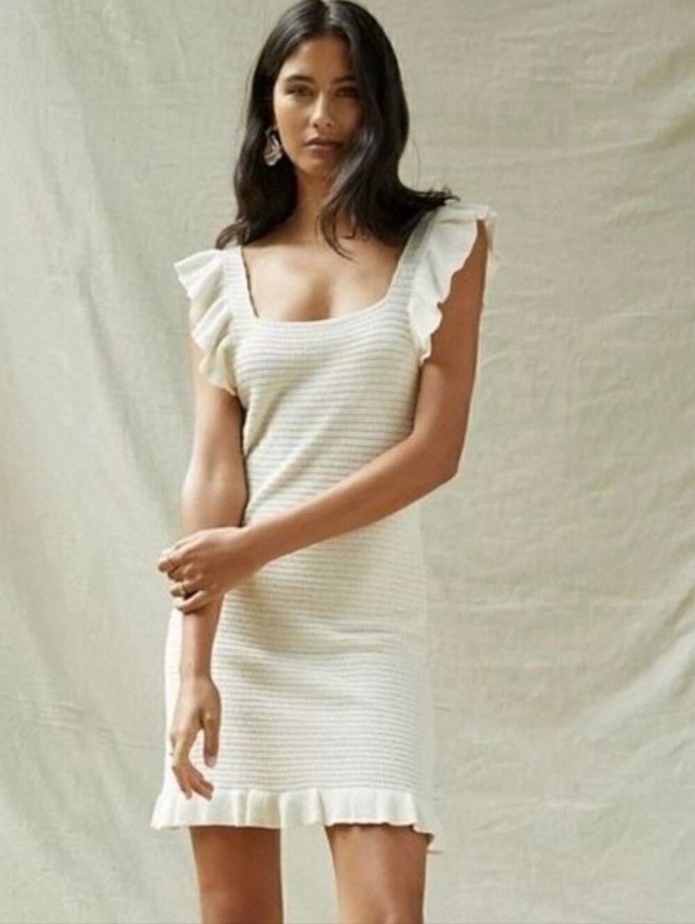 Anthropologie  Ruffled Pointelle Mini Dress in Cream Size Small